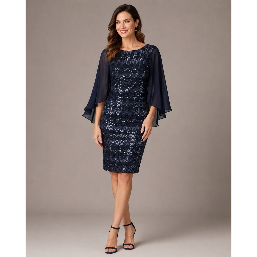 Connected Apparel Formal Dress Womens 8 Blue Black Sequin Chiffon Sleeves NEW‎